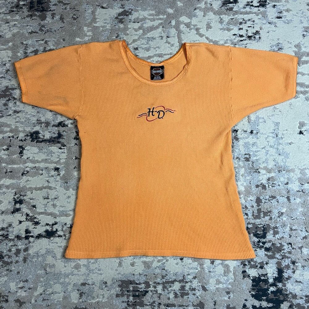 Vintage Harley Davidson Y2K Orange Textured Waffle Knit T Shirt Women's Sz M USA